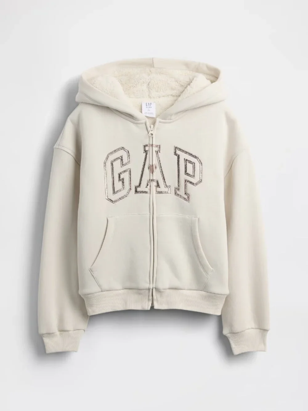 Gap Kids Cozy Sherpa Zip Hoodie Girls Youth M 8 Metallic Graphic Logo Ivory